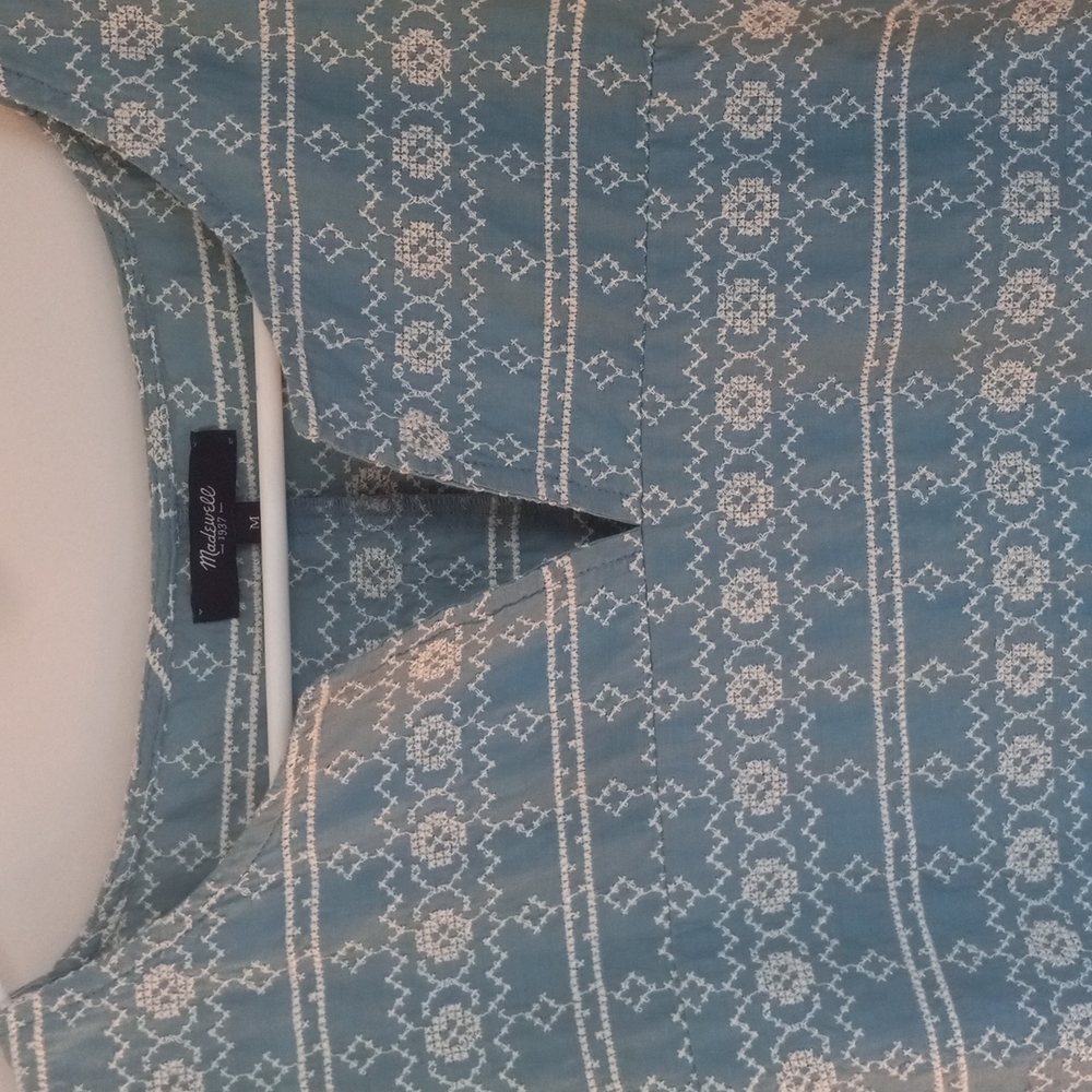 Madewell 100% Cotton Blue & White Embroidered Short Sleeve Midi Dress W/ Pockets